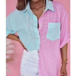 Women’s Button Down Shirt NWT Large Teal/Pink